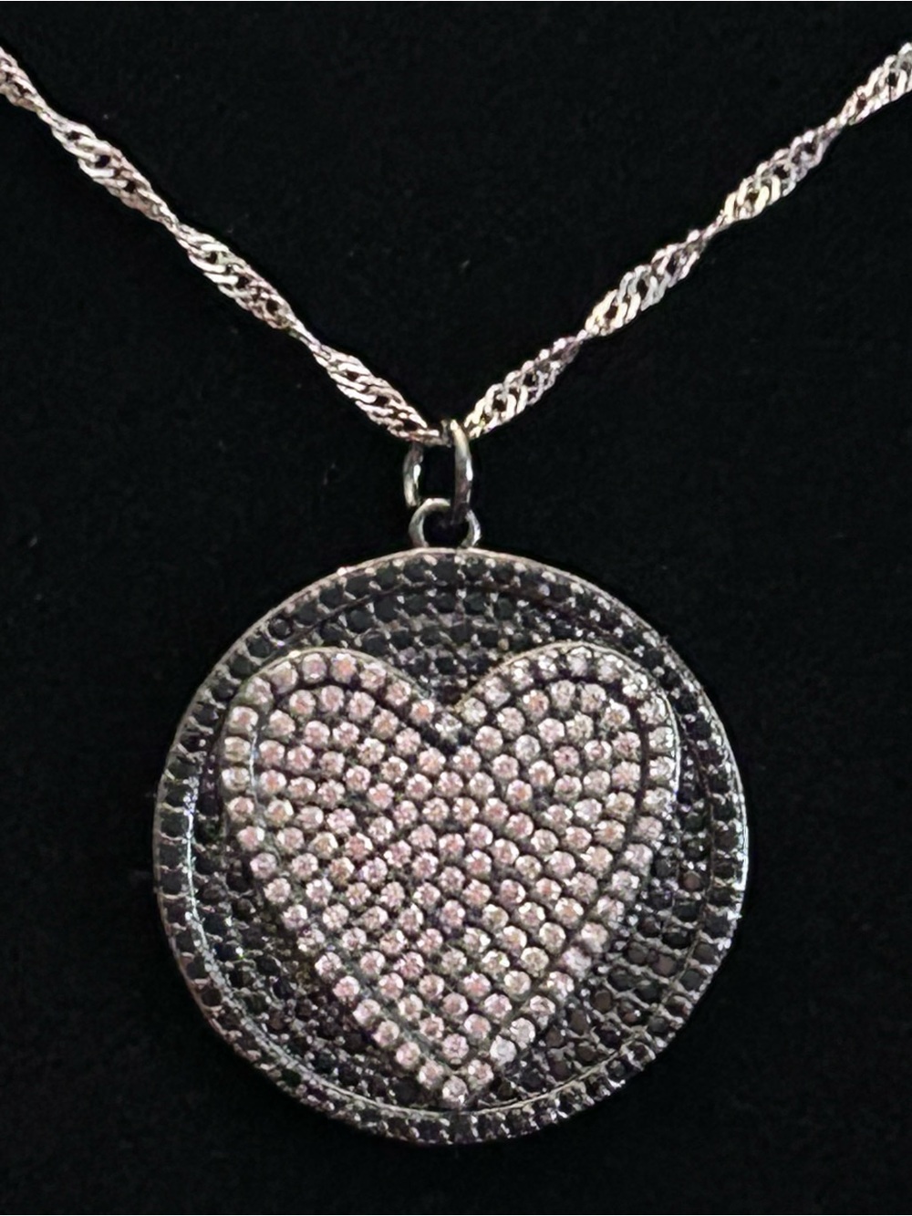Silver-Tone & Hematite Crystal Pave Heart Pendant Necklace w/925 Silver Chain